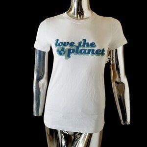 Halogen Womens White Blue Love The Planet Crew Neck Short Sleeve T-Shirt XS NEW